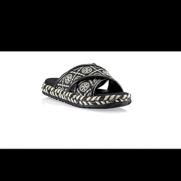 TORY BURCH T MONOGRAM JACQUARD LEATHER CRISSCROSS ESPADRILLE SLIDES SANDALS Sz 6 - Picture 1 of 5